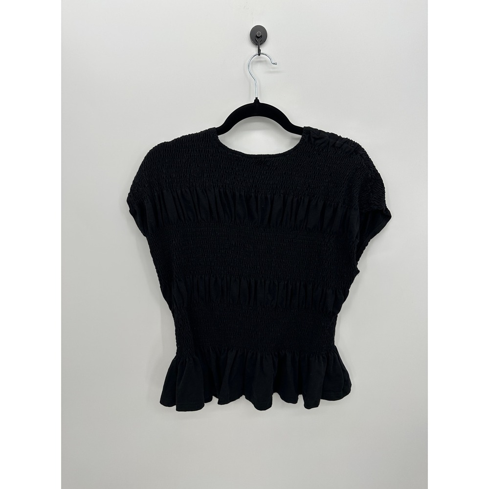 Womens Black Smocked Peplum Top XL Stretch‎ Cottagecore Minimalist